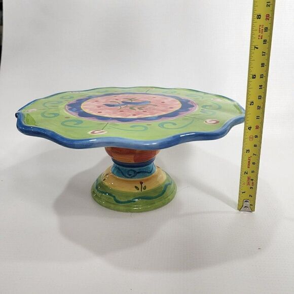 Certified International 10" Green Bird Ceramic Cake Stand Pedestal - Picture 4 of 12